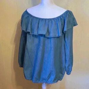 MICHAEL Michael Kohrs Chambray Denim Off Shoulder Ruffle Blouse Top Size Large.